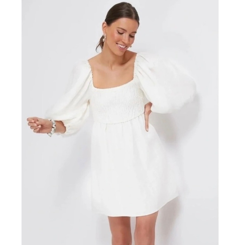 Tuckernuck Annie 100% Linen Smocked Square Neck Puff Sleeve Dress Size M white